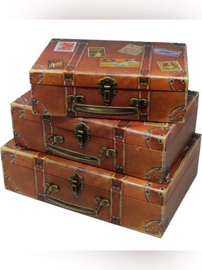 Vintage-Inspired Brown Leatherette Decorative Trunk Boxes - Set of 3